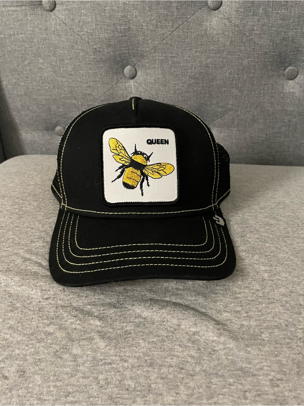 Black Trucker Hat with Yellow Bee Patch - "Queen"